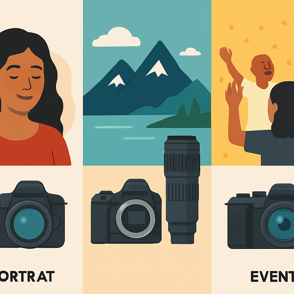 A visually appealing infographic illustrating different types of photography needs including portraits, landscapes, events with corresponding camera equipment suggestions