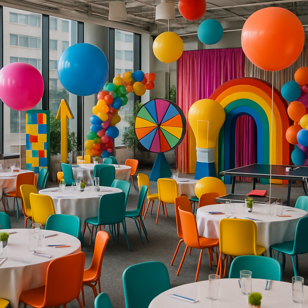 A vibrant and creative corporate event setup with unique decorations and engaging activities