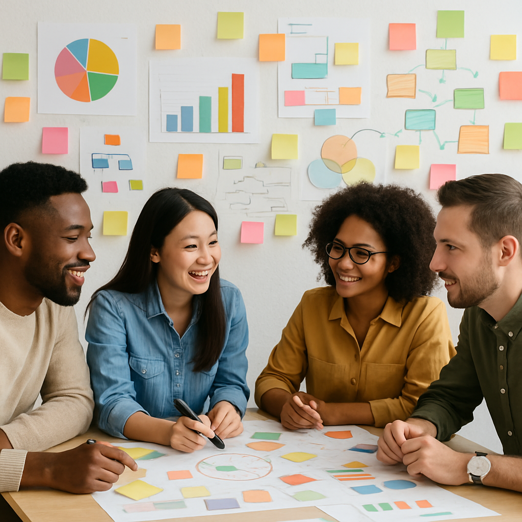 A diverse group of people brainstorming ideas for a corporate event, surrounded by colorful charts and notes