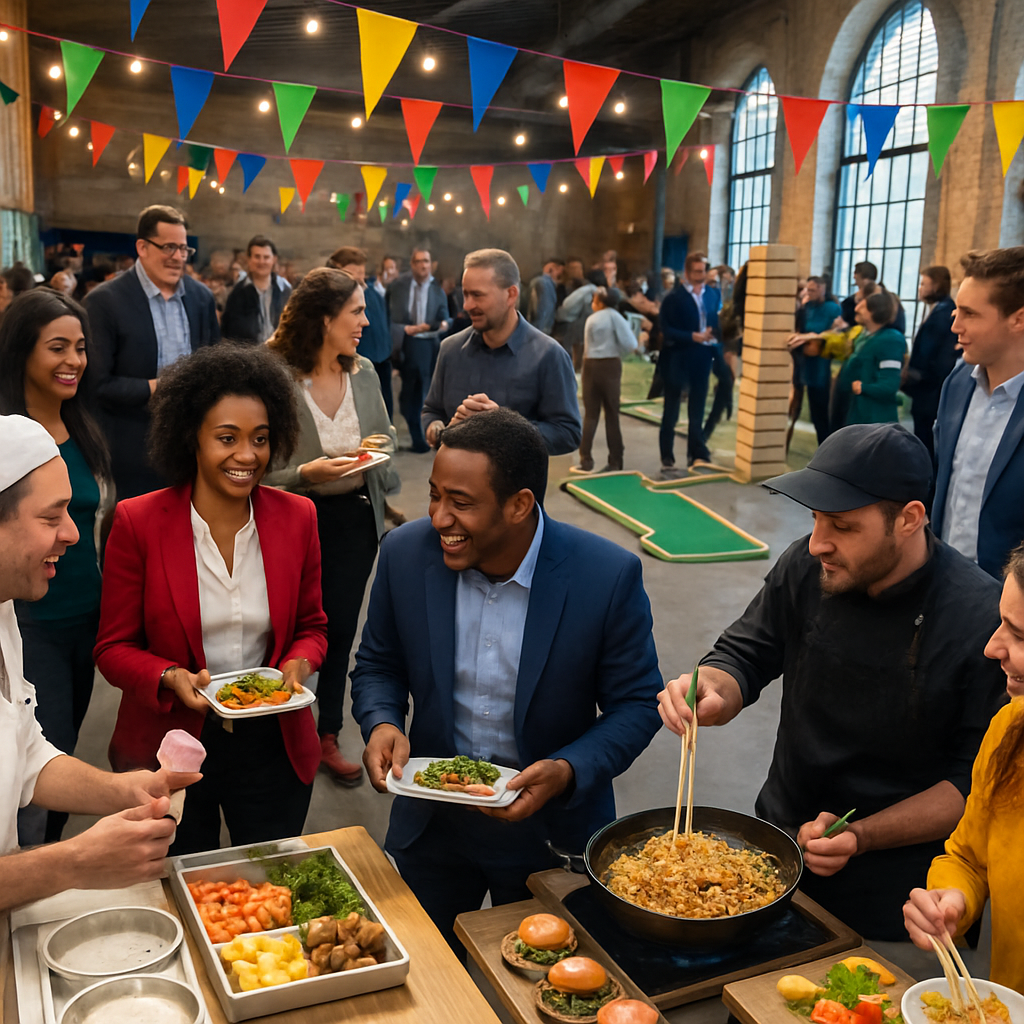 A vibrant corporate event with diverse guests enjoying unique food stations and engaging activities in an unusual venue