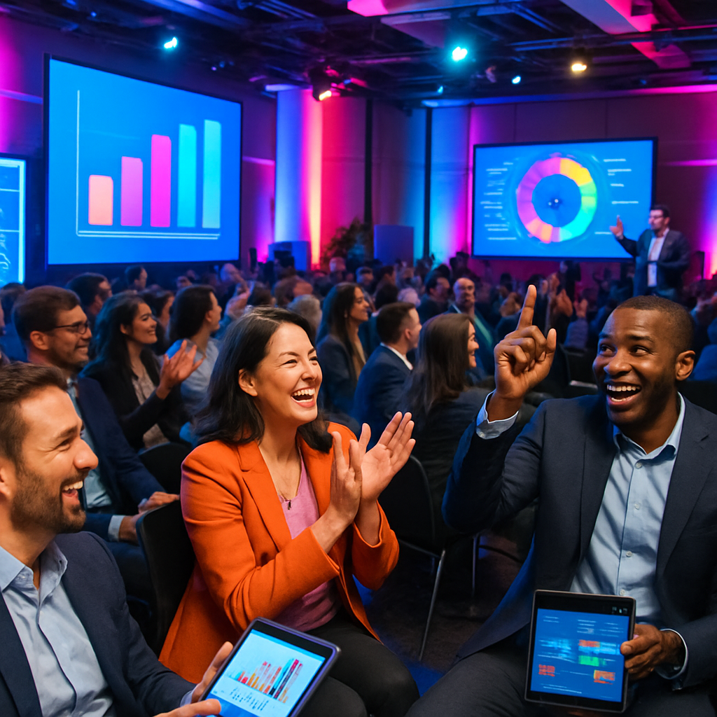 A vibrant corporate event scene with engaged attendees, showcasing modern event technology and <a href='https://kommaswithkelle.com/mastering-cash-flow-essential-strategies-for-event-management-success/'>interactive elements</a>