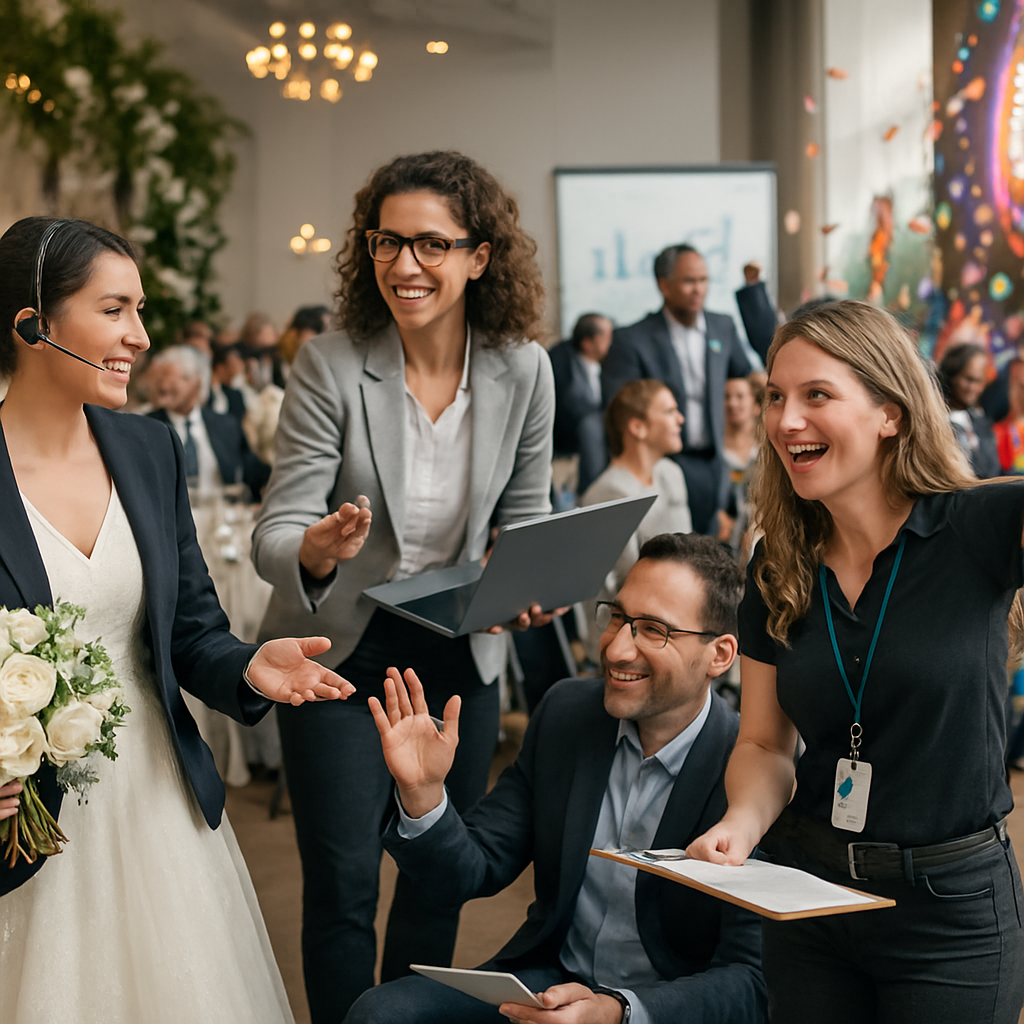 A vibrant scene showcasing various events like weddings, corporate gatherings, and festivals with planners coordinating activities