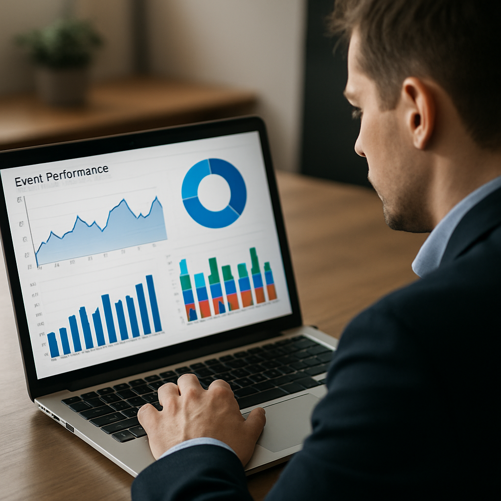 A data analyst reviewing event performance metrics on a laptop with graphs and charts