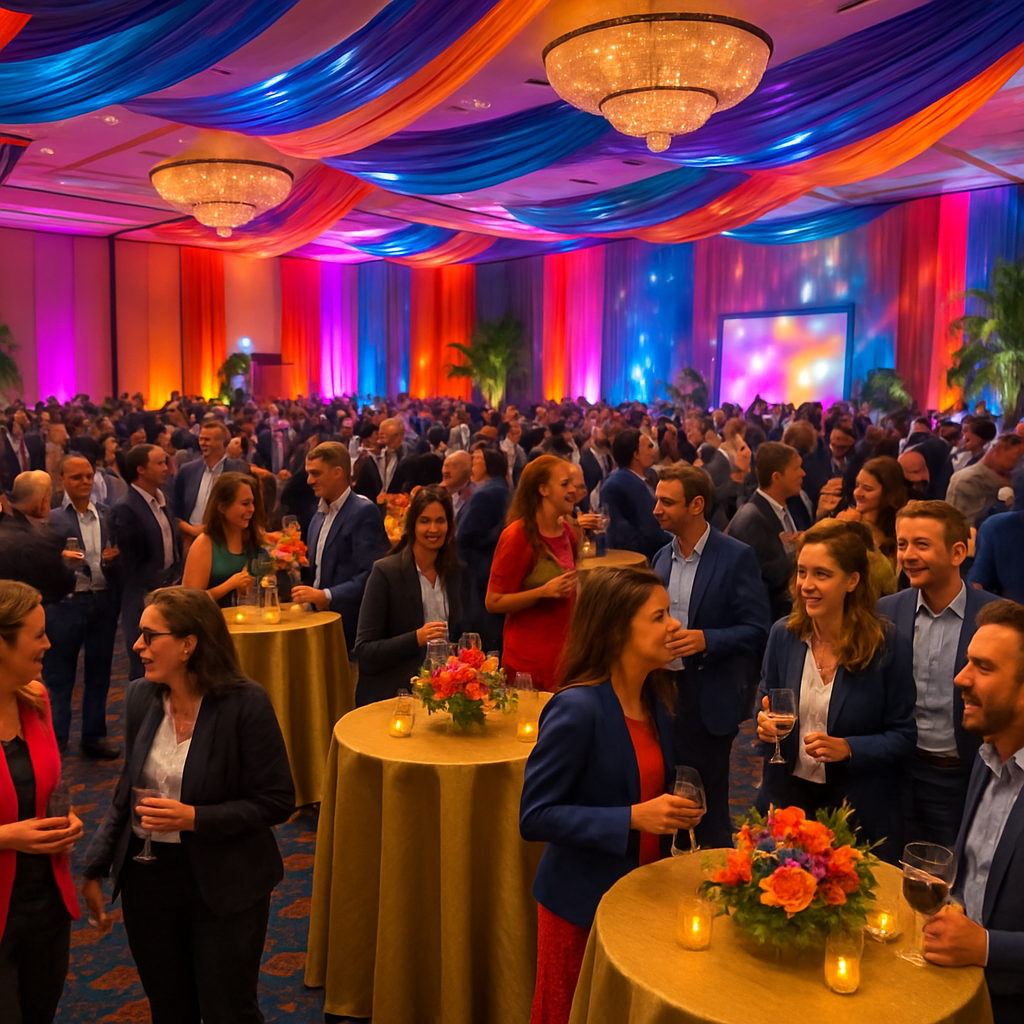 A vibrant corporate event setup showcasing an elegantly arranged venue with guests networking and enjoying themselves
