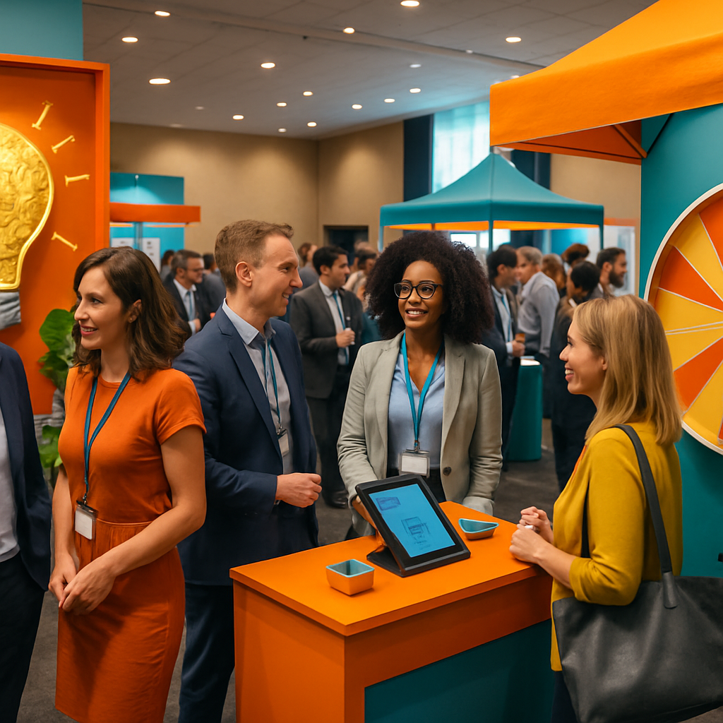 A vibrant corporate event scene showcasing innovative budget-friendly strategies such as creative sponsorship displays, engaging vendor booths, and interactive attendee experiences.