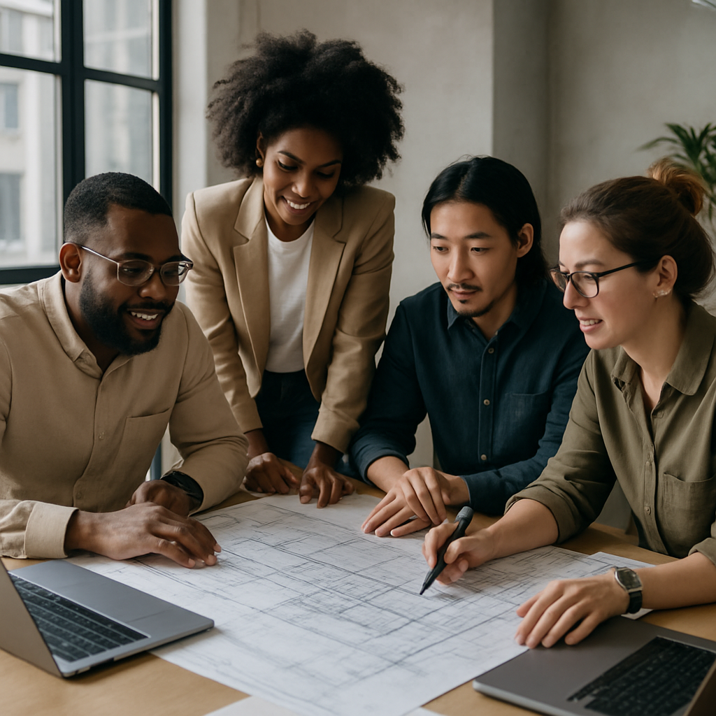 A diverse group of event planners collaborating over blueprints and laptops in a modern office setting