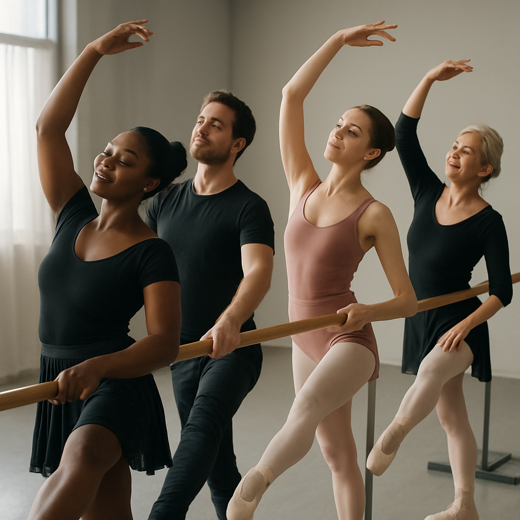 A diverse group of adults in a ballet class stretching and practicing gracefully under soft studio lights