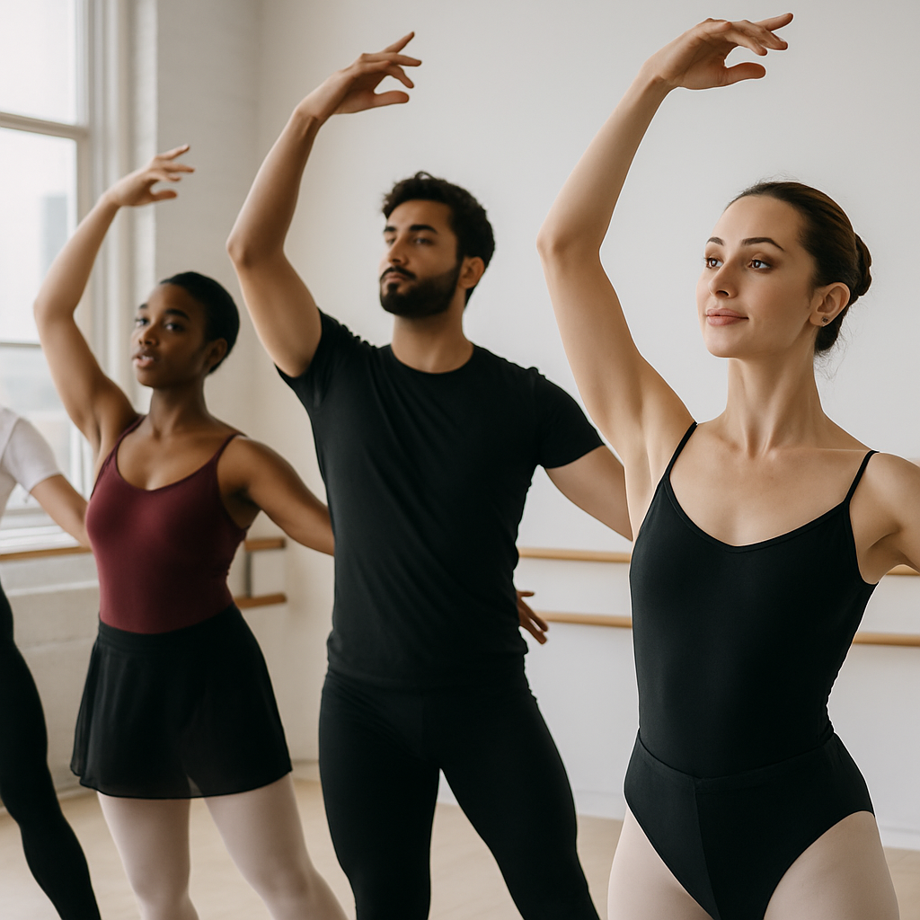 A diverse group of adult ballet dancers practicing together in a bright studio