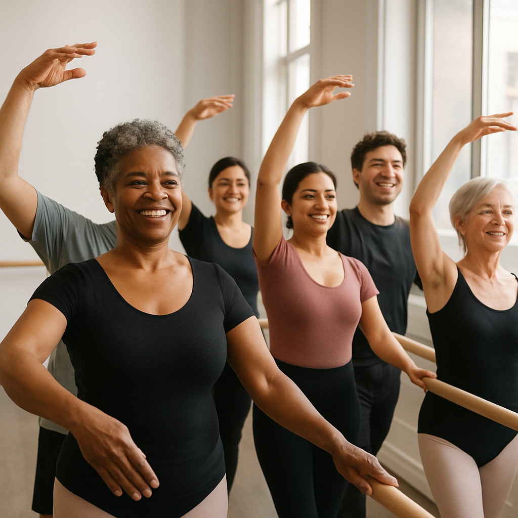 A diverse group of adults in a ballet studio, practicing beginner ballet moves with smiles, showcasing various ages and backgrounds.