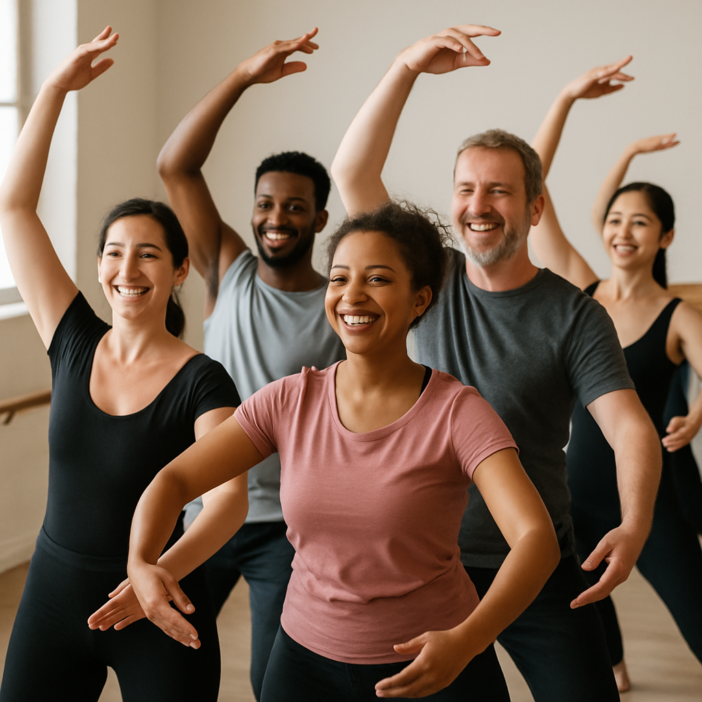 A diverse group of adults happily participating in a beginner adult ballet class at a dance studio