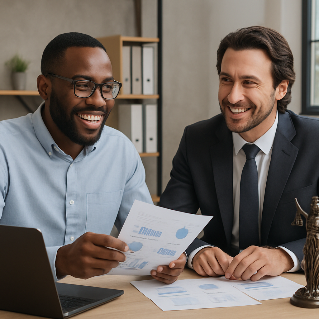 A friendly accountant working with a personal injury lawyer in an office setting, showcasing financial documents and a laptop