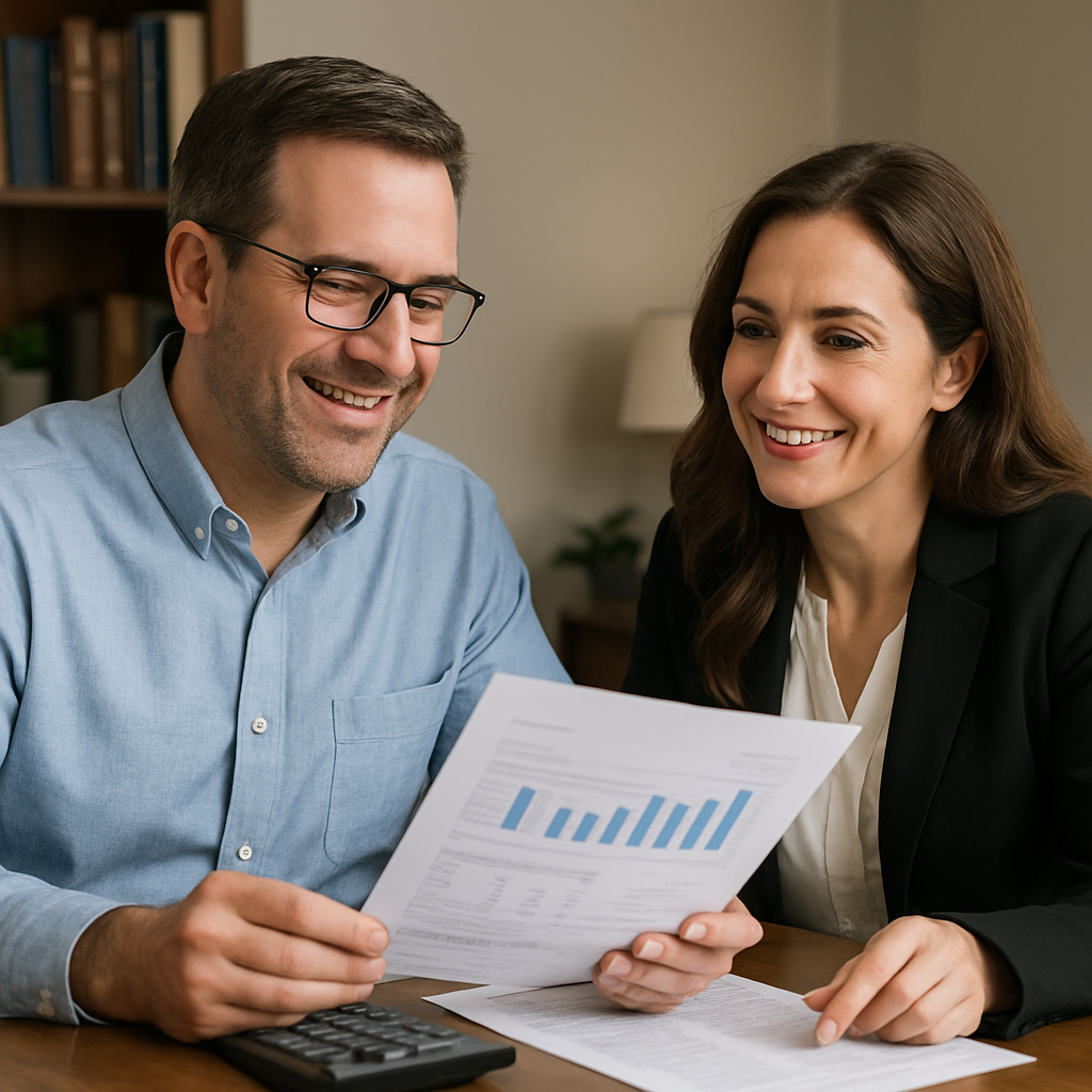 A friendly accountant discussing financial documents with a personal injury lawyer in an office setting