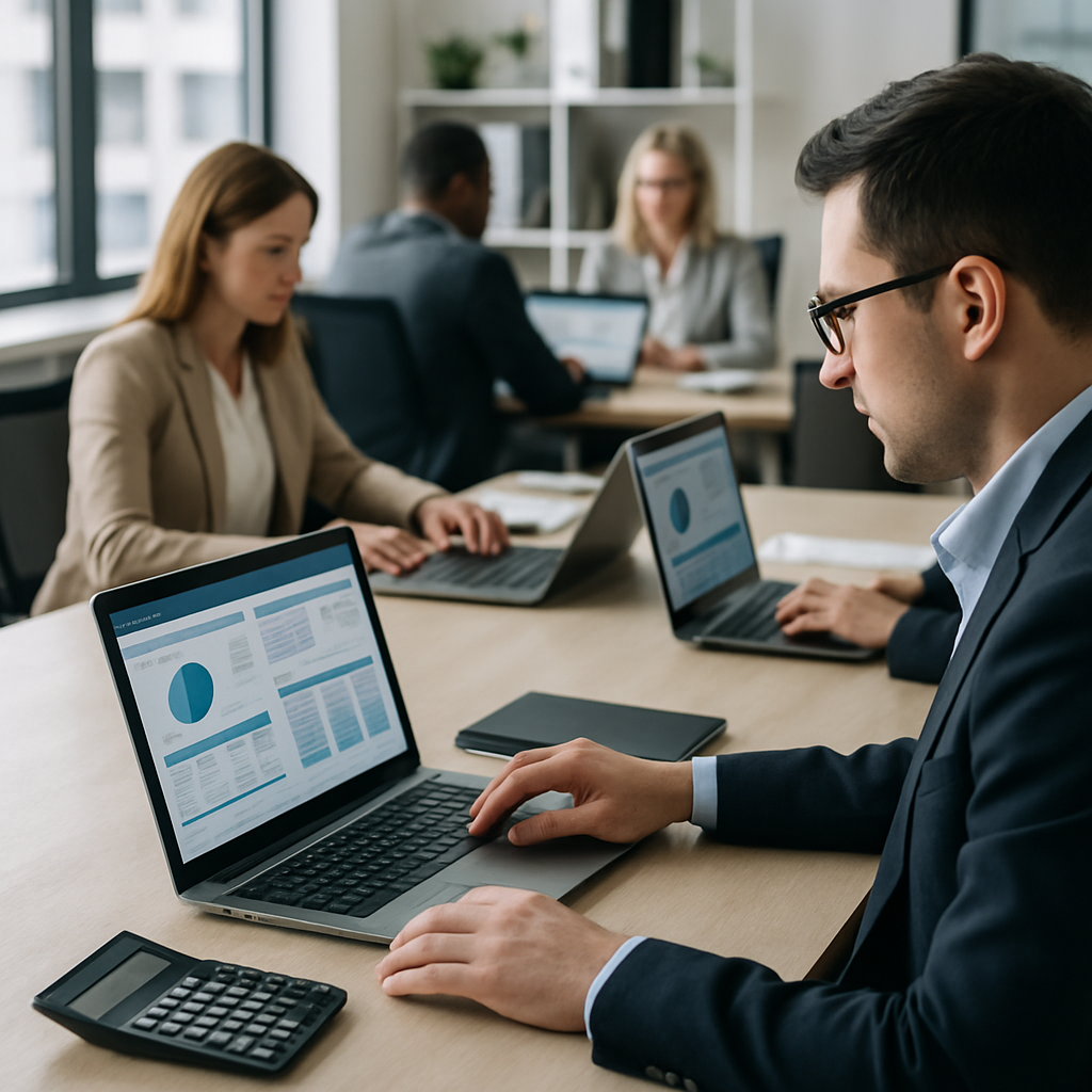 A modern office setting with accountants working on laptops using advanced accounting software