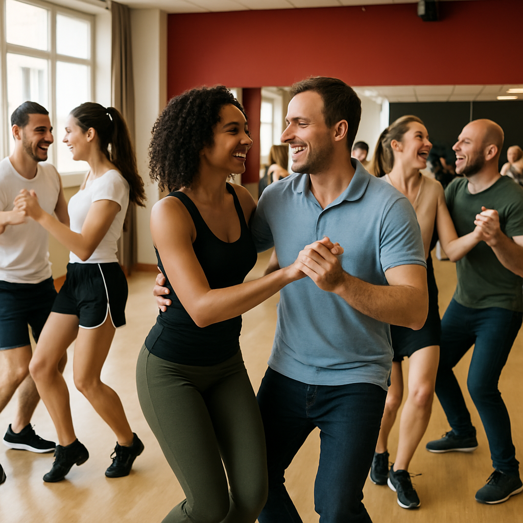 A diverse group of adults enjoying a lively salsa class in a bright studio