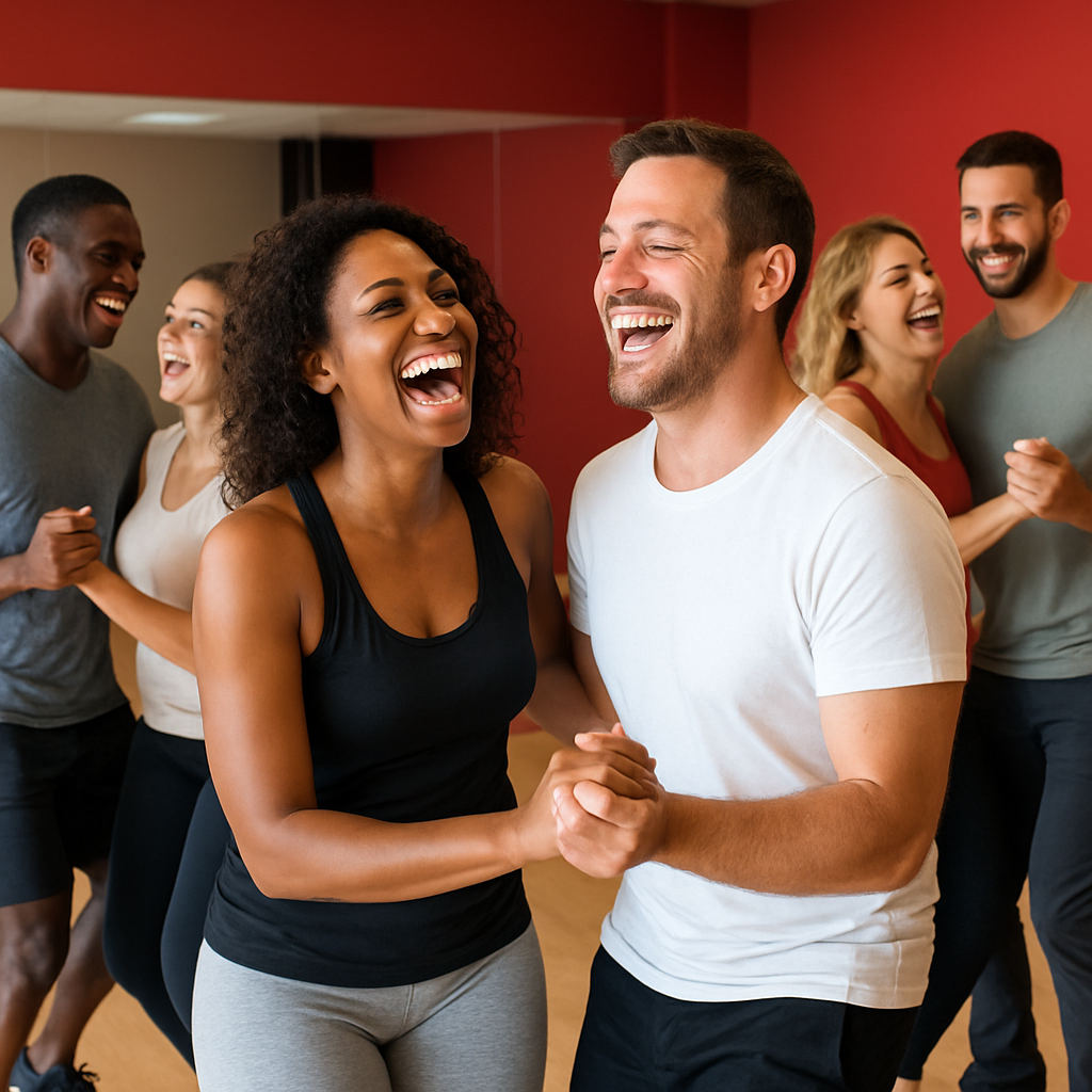 A vibrant group of adults laughing and dancing together during a salsa class