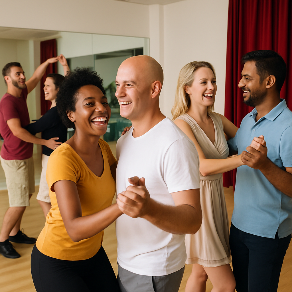 A diverse group of adults joyfully participating in beginner dance classes, showcasing various styles like salsa and ballroom