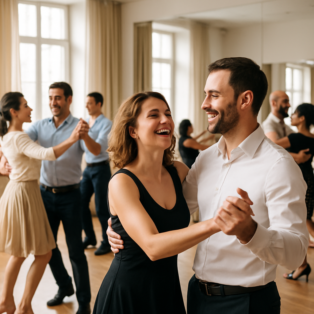 A lively adult ballroom dancing class featuring couples practicing together in an elegant studio