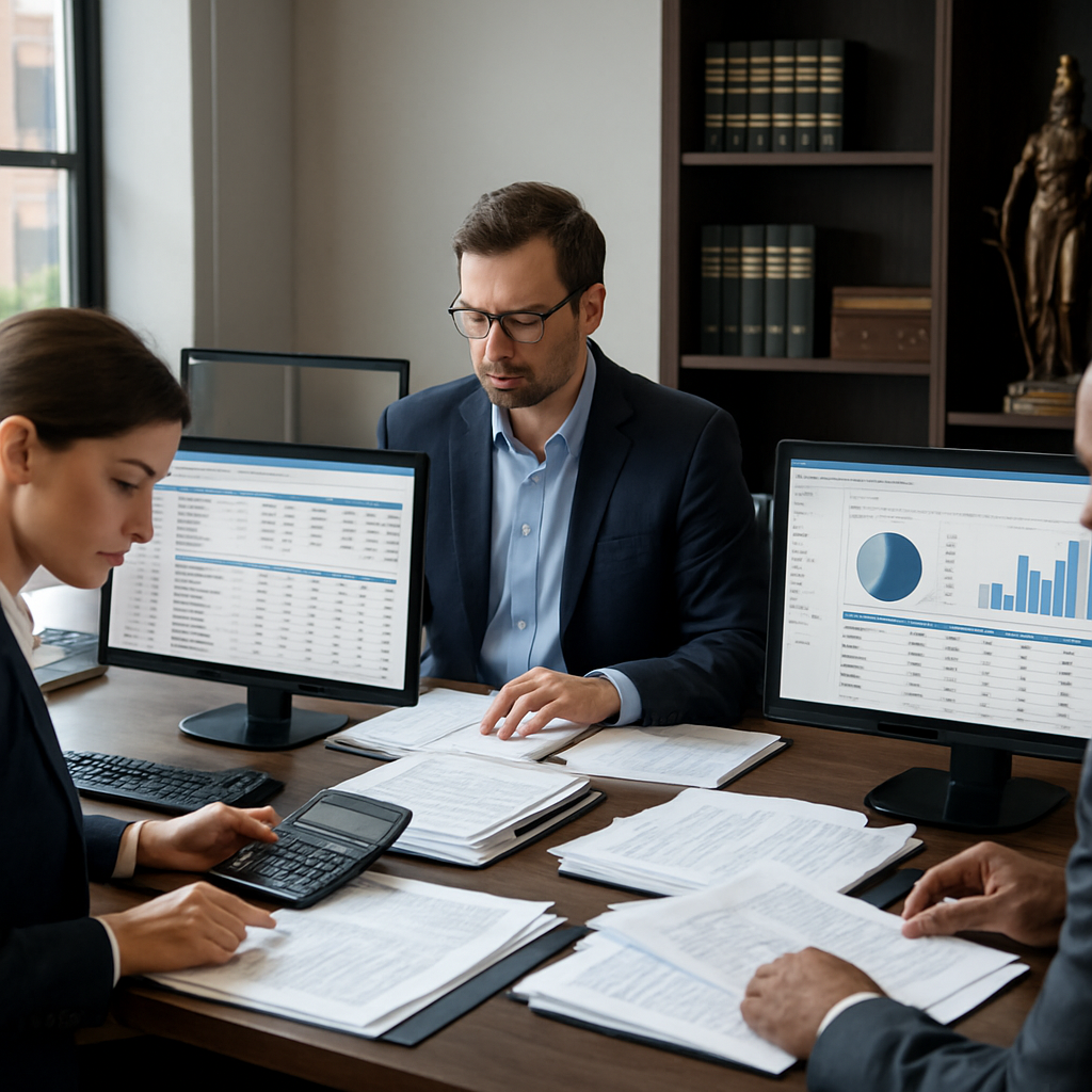 A modern law office with accountants working on financial documents, showcasing legal accounting software on screens