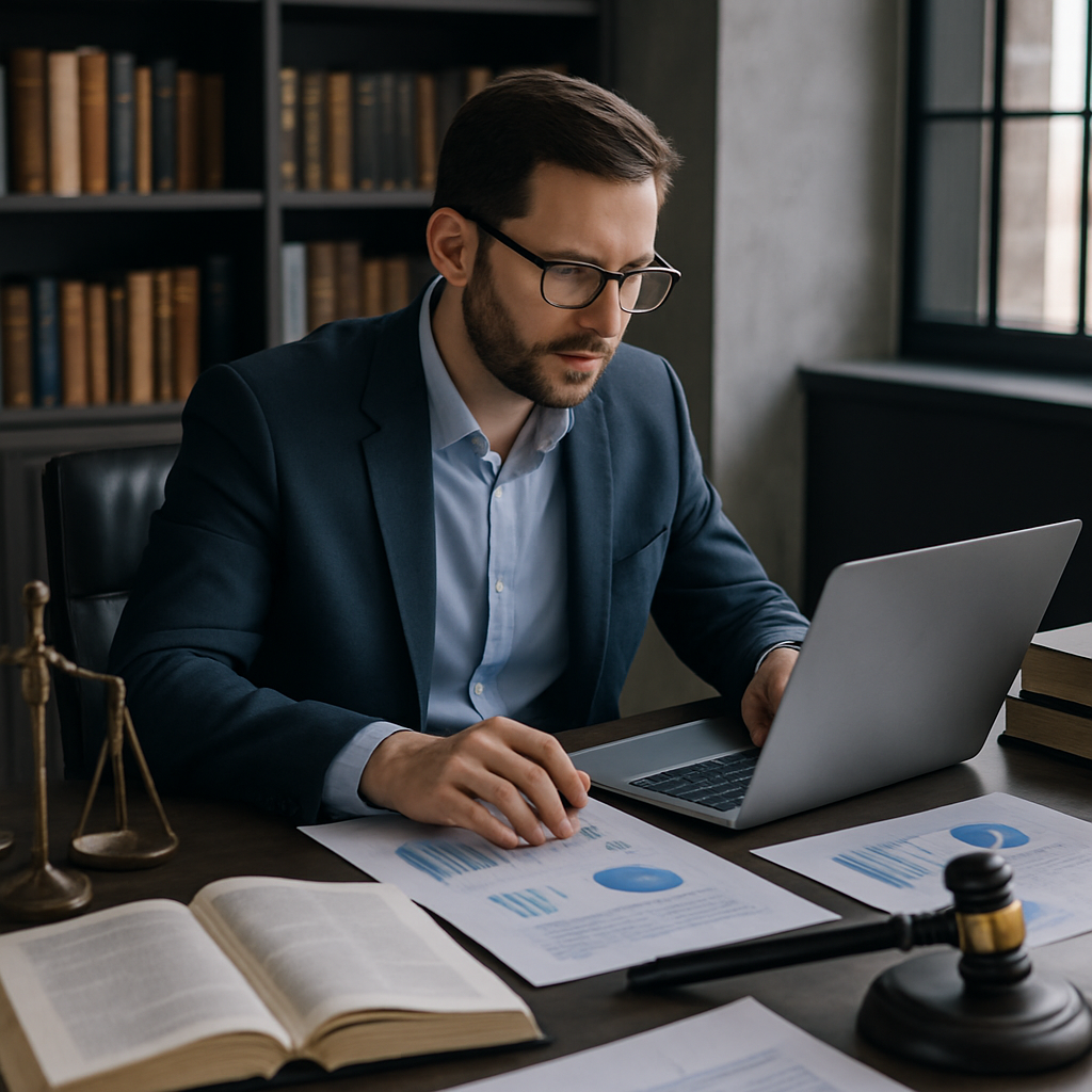 A modern law office with an accountant reviewing financial reports on a laptop, surrounded by legal books and documents