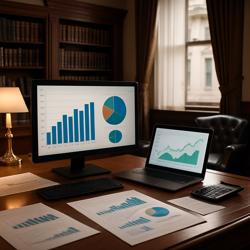 A law firm office with financial charts on screens, showing budgeting and cash flow management in action