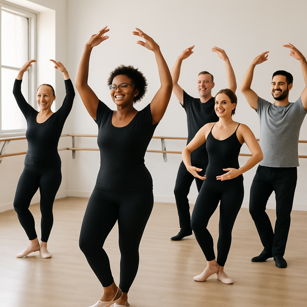 A diverse group of adults in a dance studio taking an <a href='https://www.artofviii.com/adult-basic-series/'>adult beginner ballet</a> class, showcasing various ages and backgrounds, smiling and engaged in learning basic ballet steps