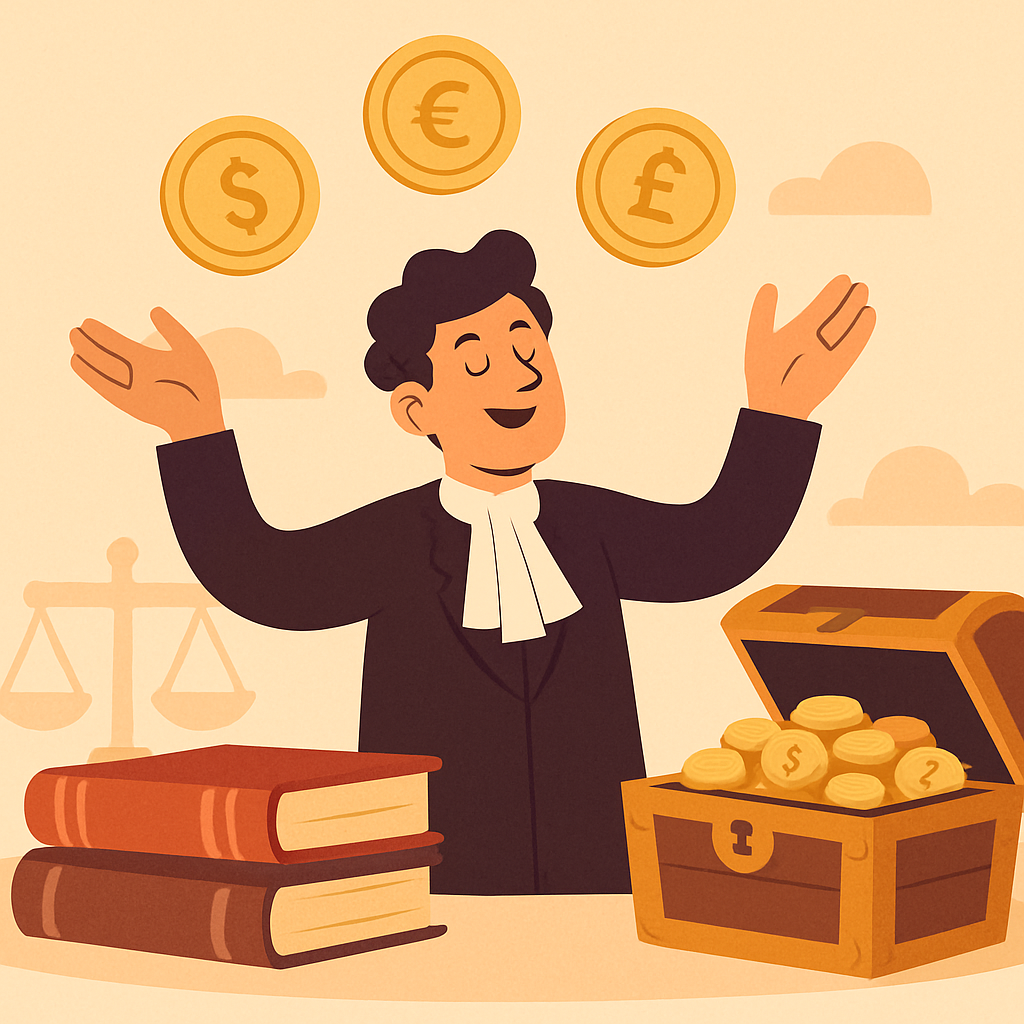 A whimsical illustration of a lawyer juggling coins and client funds in a treasure chest, with law books in the background