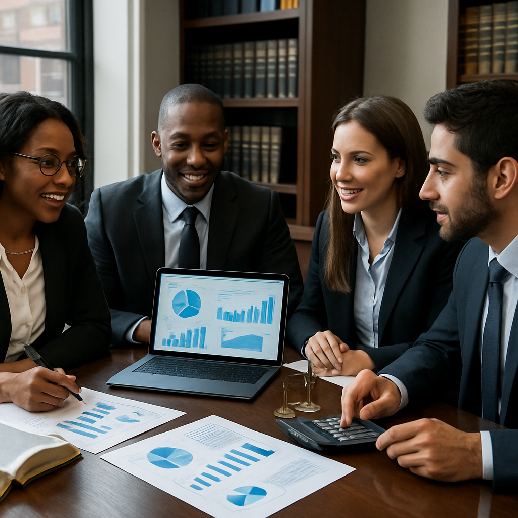 A diverse group of lawyers discussing financial management tools in an office setting