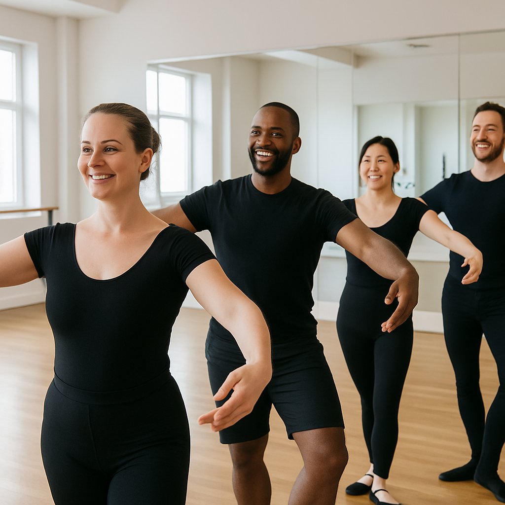 An adult beginner ballet class in a bright dance studio with mirrors and wooden floors. A diverse group of adults practicing basic ballet positions with smiles on their faces.