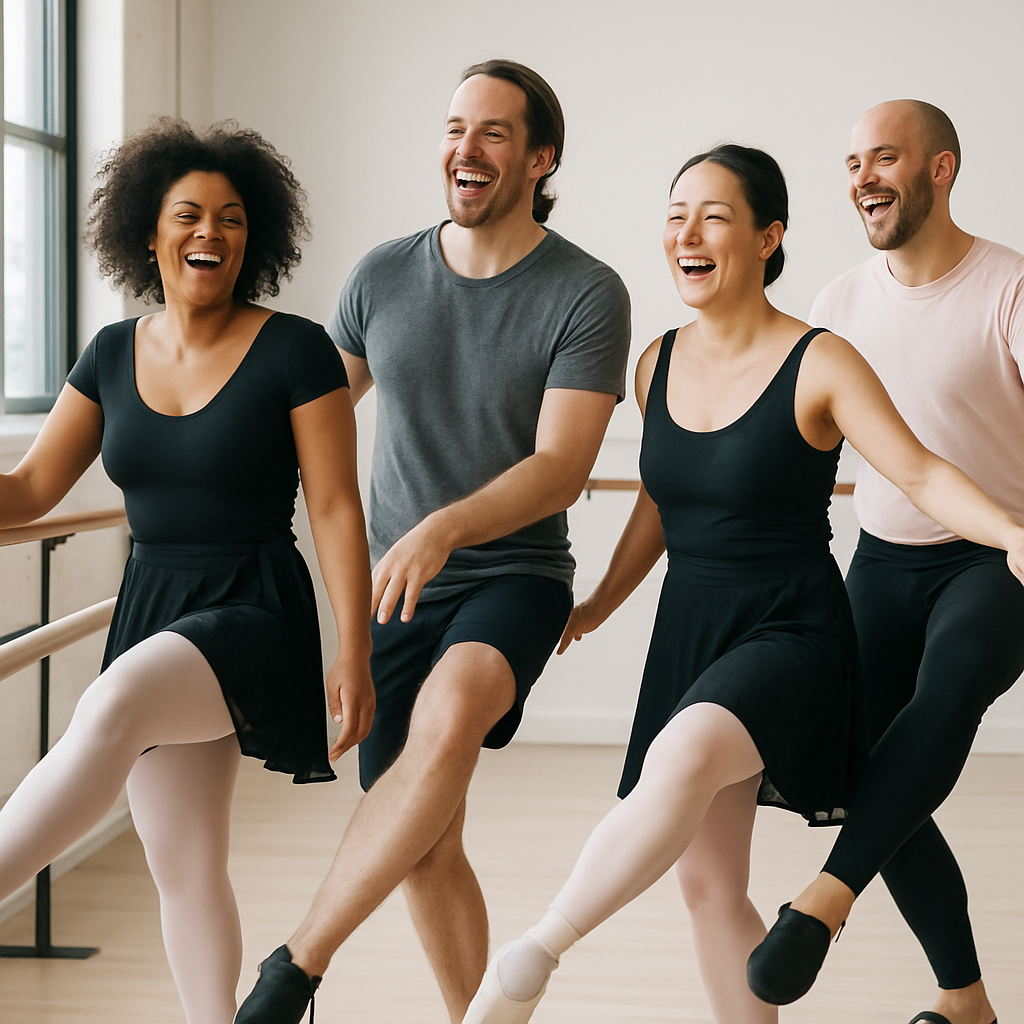 A diverse group of adult beginners laughing and practicing ballet at a dance studio