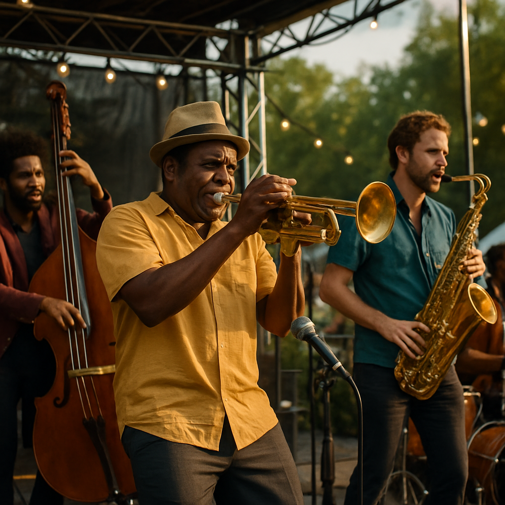 A vibrant jazz band performing live on stage at an outdoor festival