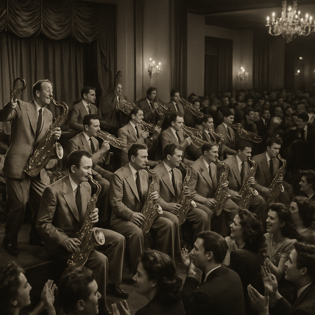 A lively big band performing swing music in a packed ballroom during the 1940s