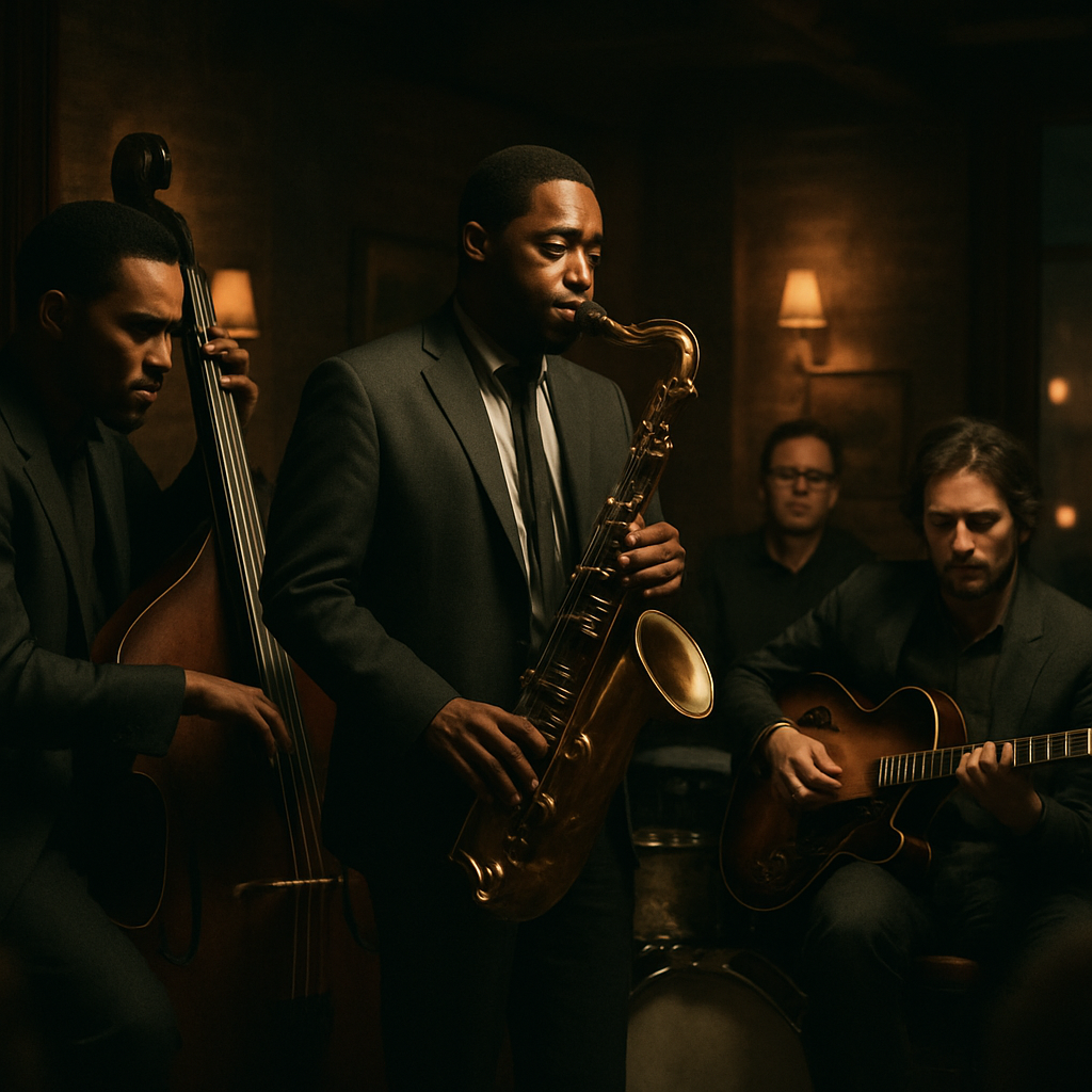 A serene scene depicting a cool jazz band performing softly in an intimate club setting with dim lights