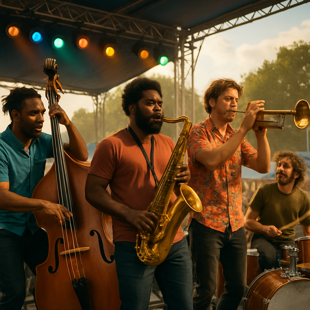 A vibrant scene showcasing a contemporary jazz band performing on stage at an outdoor festival with diverse instruments