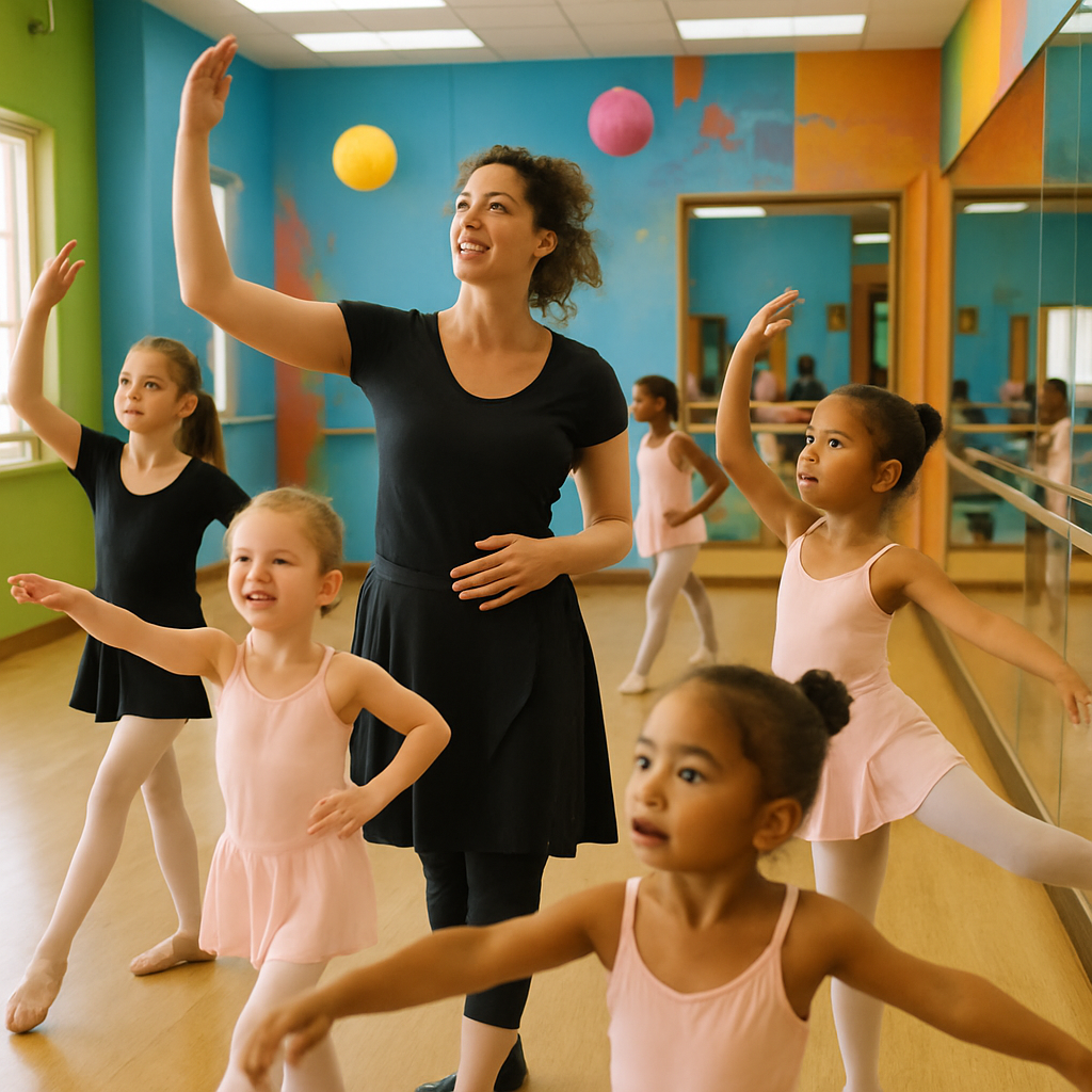 A vibrant ballet studio with students of various ages practicing ballet moves under the guidance of an instructor. The atmosphere is lively and encouraging, with mirrors reflecting their movements and colorful decor.