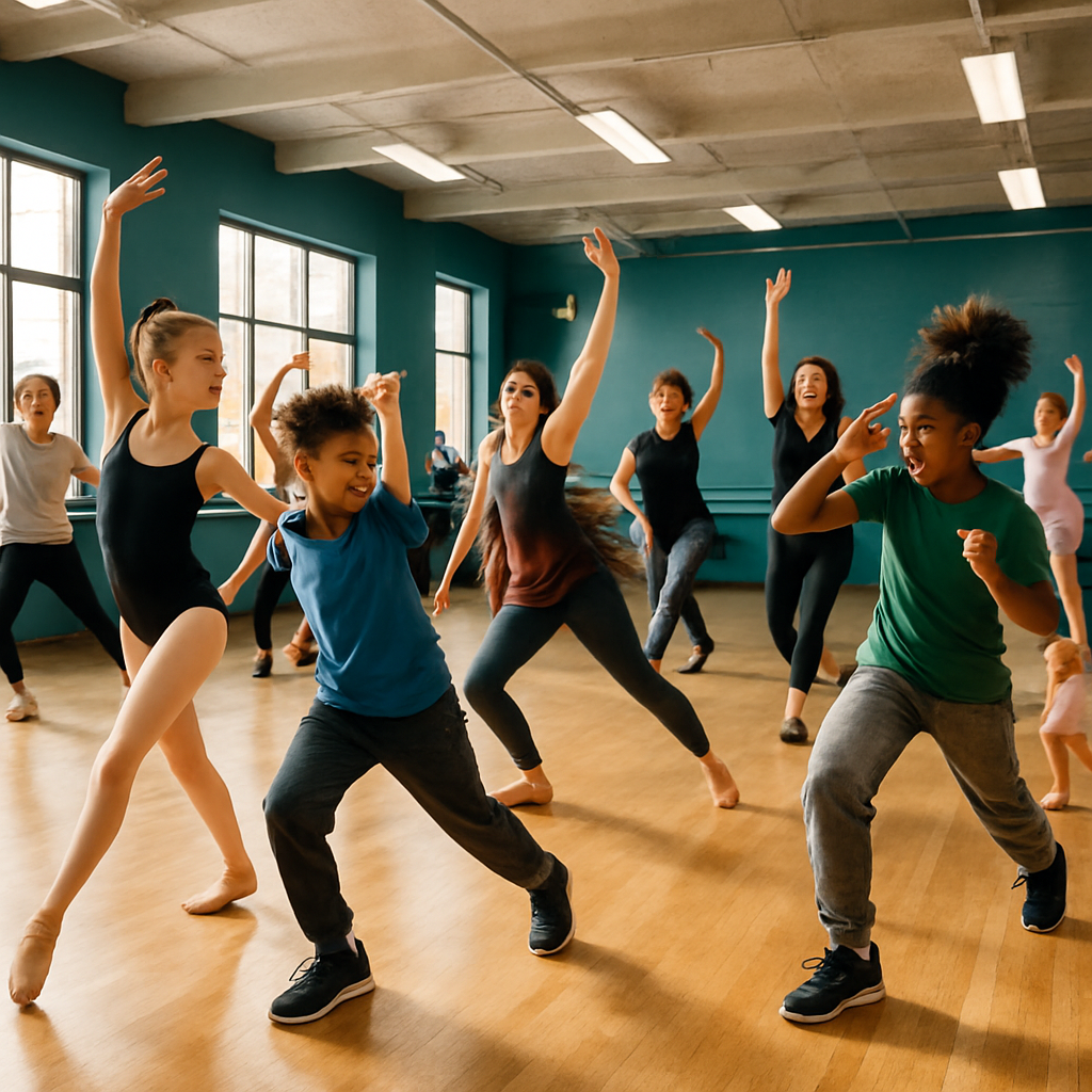 A vibrant dance studio filled with students of various ages practicing different styles of dance such as ballet, hip hop, and contemporary