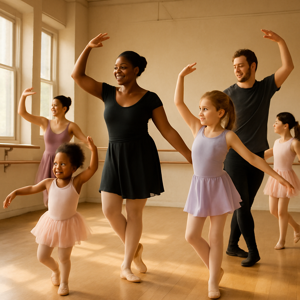 A warm and inviting ballet studio with children and adults dancing together, showcasing diversity and creativity