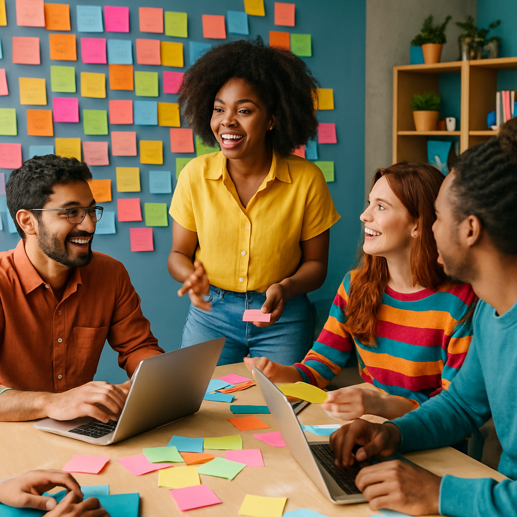 A vibrant office space with a team brainstorming ideas for an event organization company, showcasing colorful notes and laptops