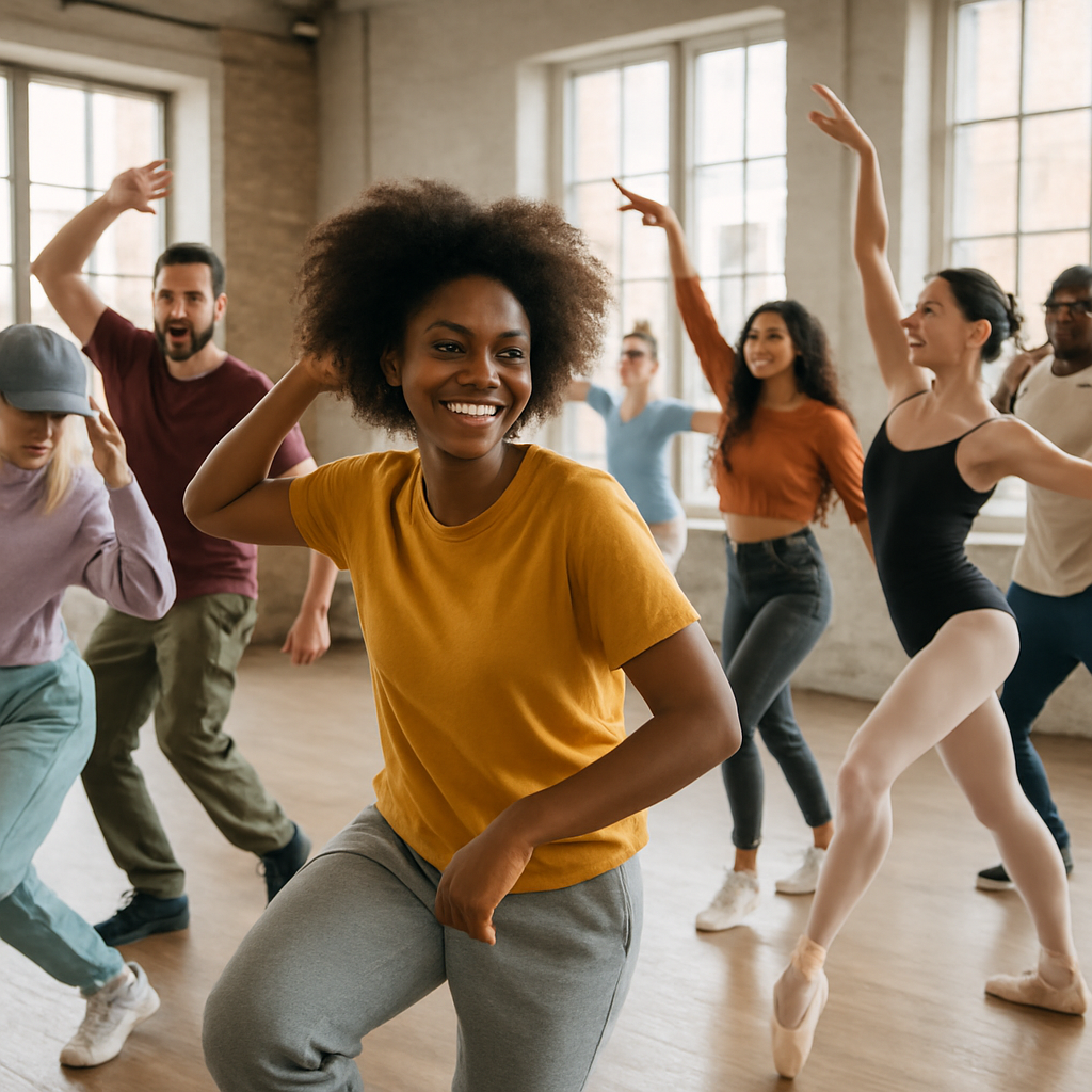 A vibrant dance class scene with diverse dancers practicing various styles like ballet and hip hop