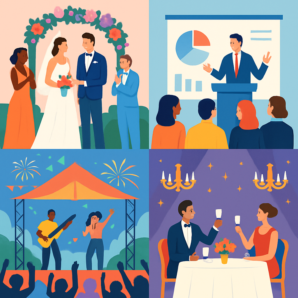 A vibrant illustration depicting various niches in event planning such as weddings, corporate events, festivals, and galas