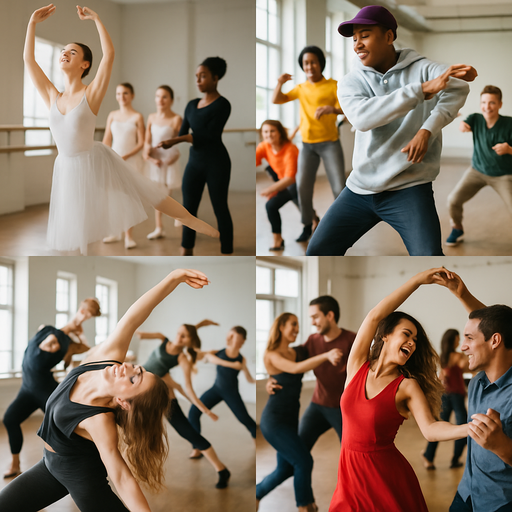 A collage showcasing various dance styles including ballet, hip hop, contemporary and salsa in an engaging classroom setting