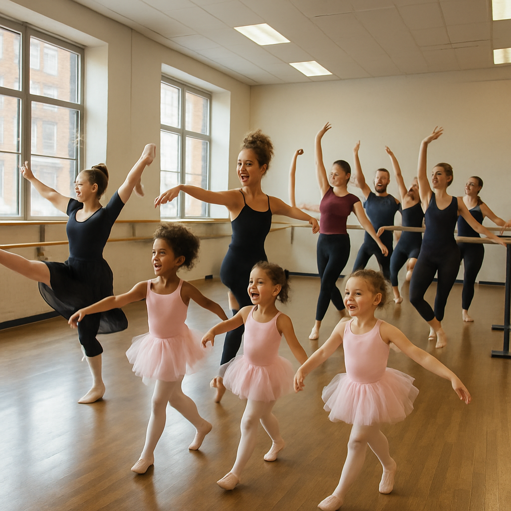 A vibrant ballet studio filled with students of various ages taking different types of dance classes including kids in tutus and adults at barre