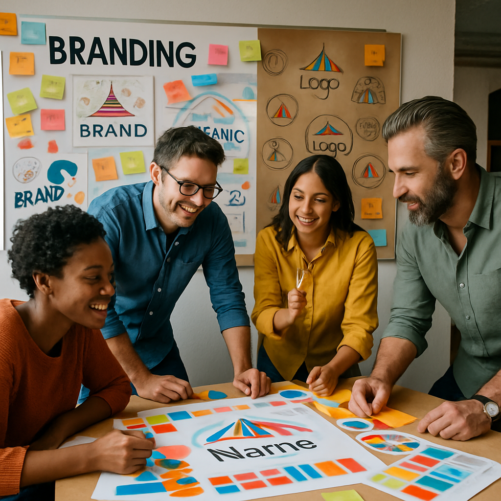 A vibrant branding workshop scene where diverse professionals brainstorm ideas for an event organization company logo and name