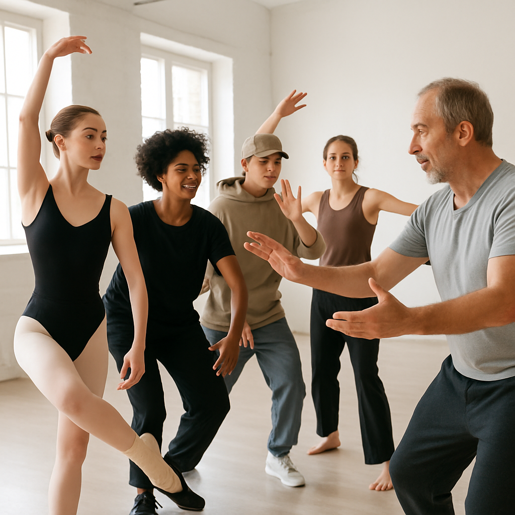 A diverse group of dancers in a bright studio receiving instruction from an experienced teacher, showcasing various styles like ballet, hip hop, and contemporary