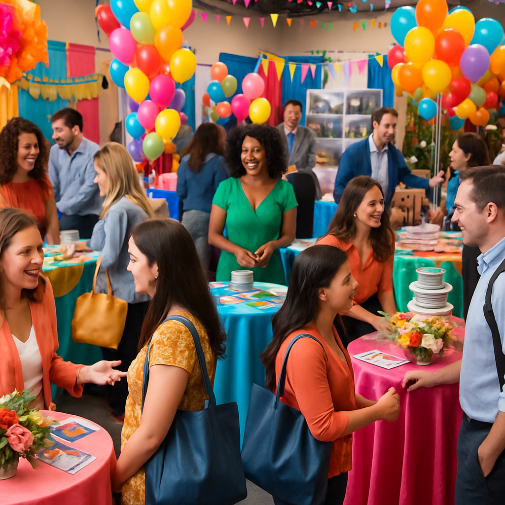 A vibrant networking event showcasing various event organization companies with booths, engaging attendees, colorful decorations