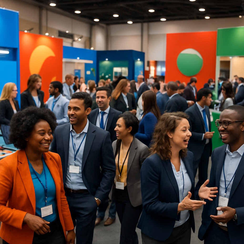A vibrant corporate event scene showcasing diverse attendees engaged in activities, with banners and booths representing different brands