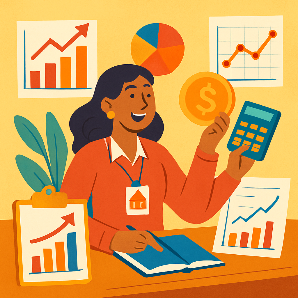A vibrant illustration showing an event planner managing finances with graphs and charts around them