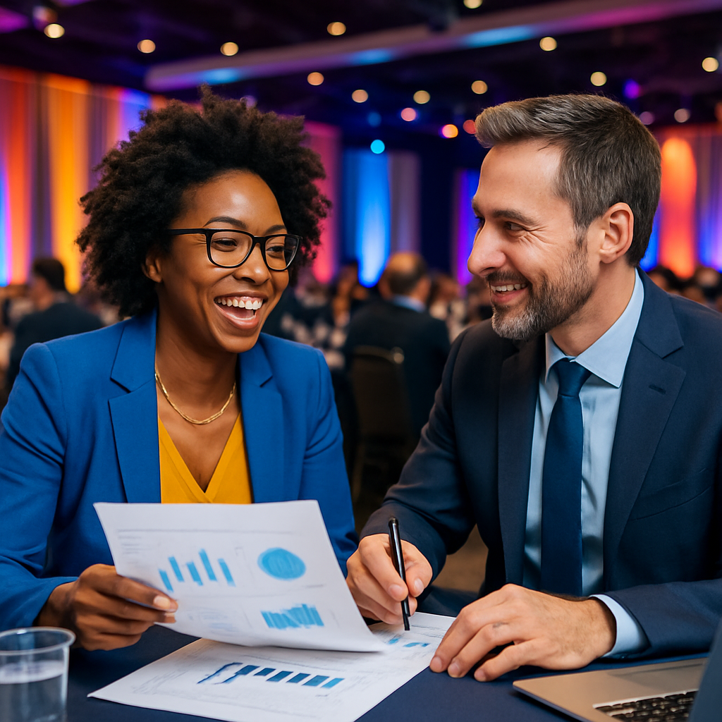 A vibrant and engaging corporate event setting showcasing a successful event manager reviewing financial plans with a consultant