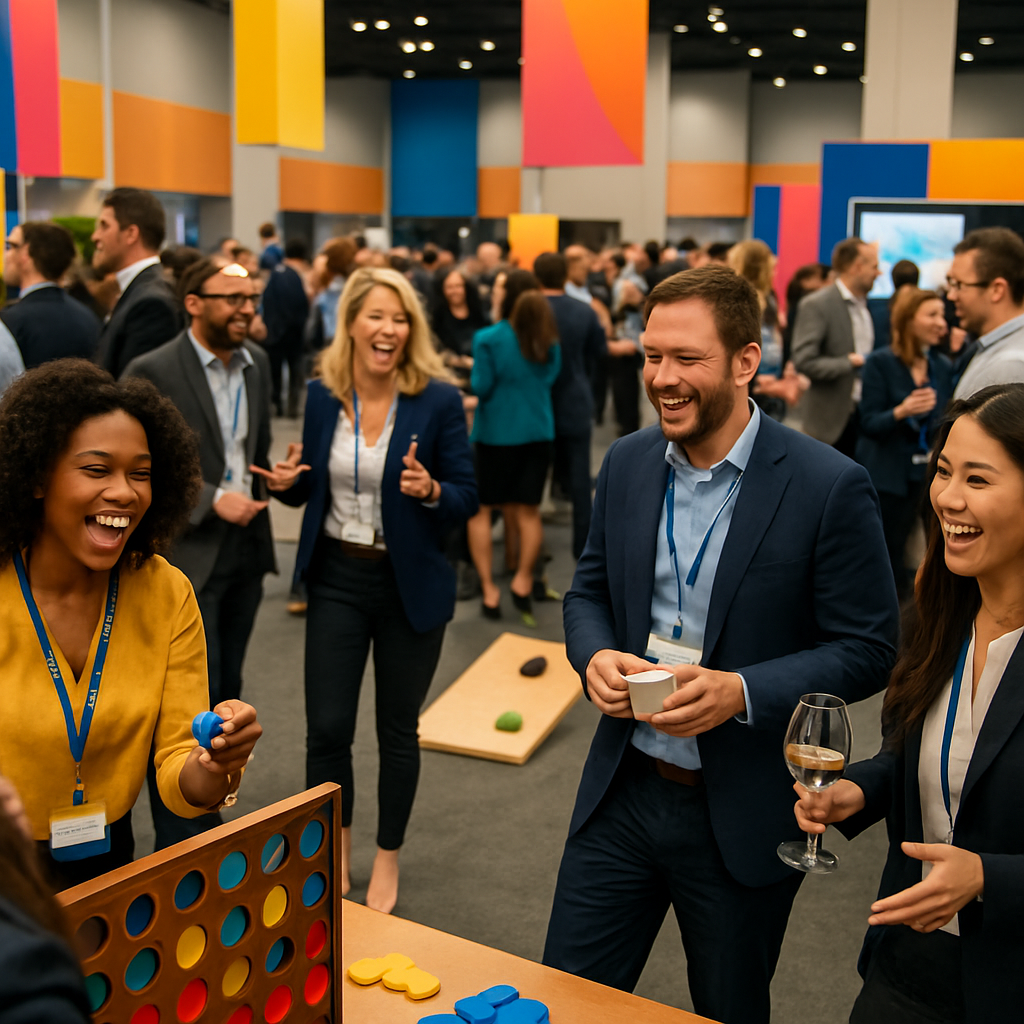 A vibrant corporate event scene with engaged attendees networking and enjoying activities