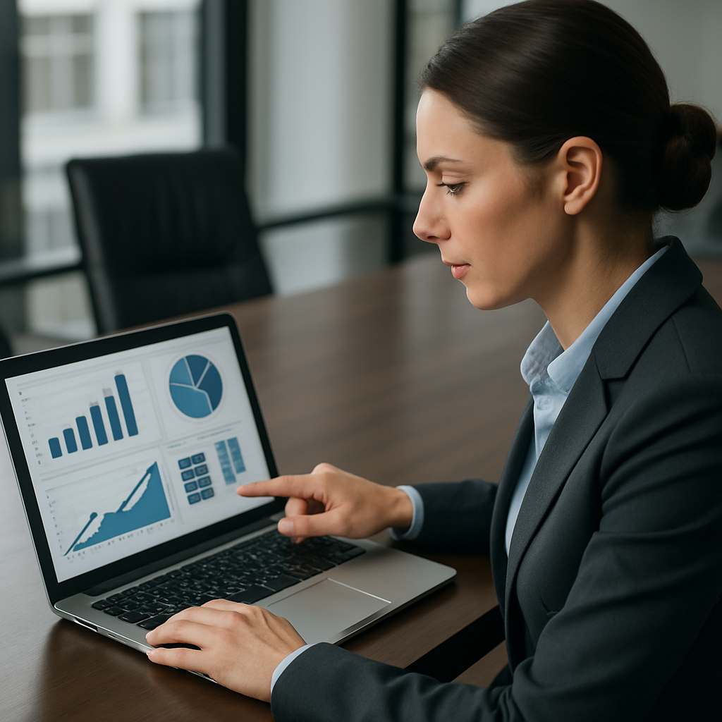 A corporate event manager analyzing financial reports with graphs and charts on a laptop