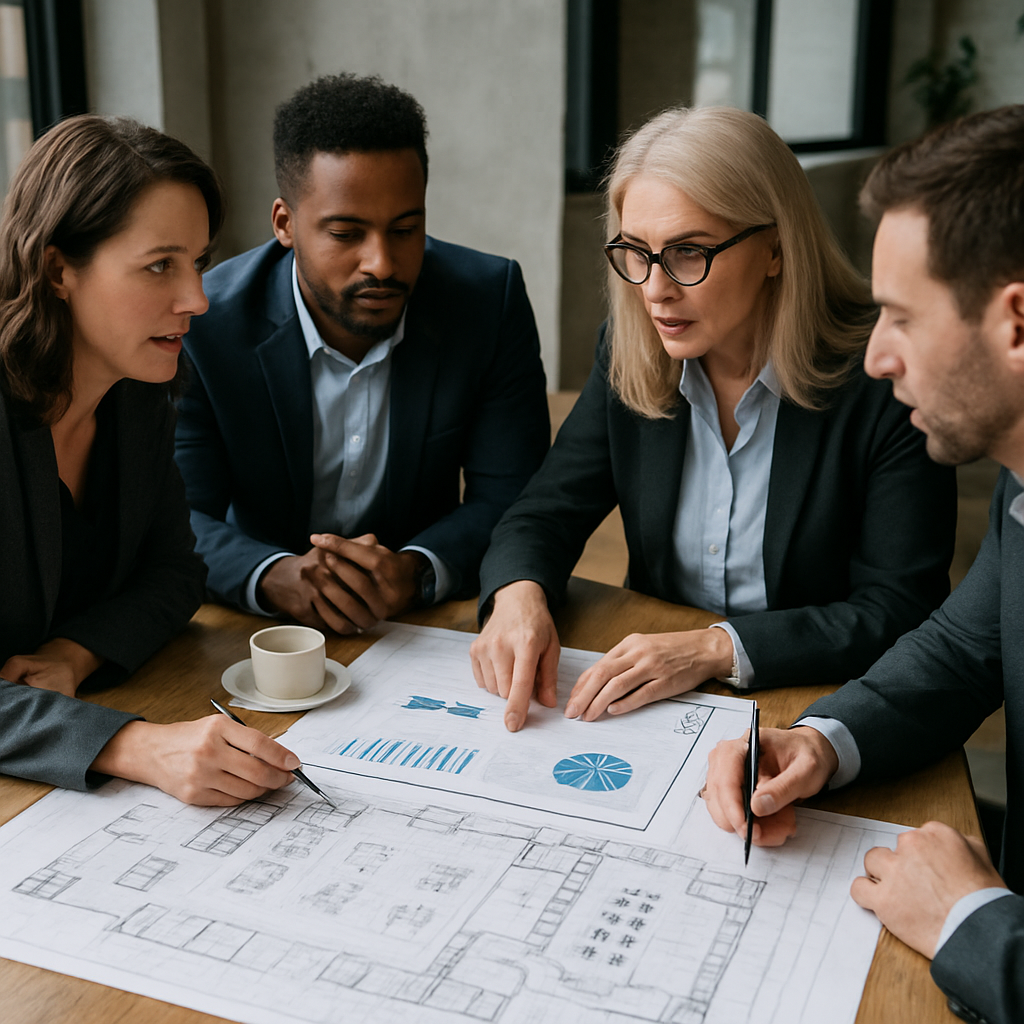 A professional team discussing financial strategies over an event planning blueprint